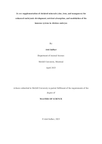 In ovo supplementation of chelated minerals (zinc, iron, and manganese) for enhanced embryonic development, nutrient absorption, and modulation of the immune system in chicken embryos thumbnail