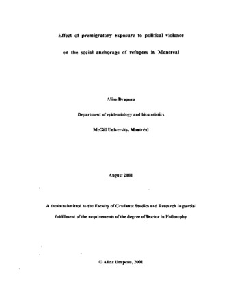 Effect of premigratory exposure to political violence on the social anchorage of refugees in Montreal thumbnail