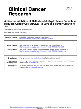 Antisense Inhibition of Methylenetetrahydrofolate Reductase Reduces Cancer Cell Survival In vitro and Tumor Growth In vivo thumbnail