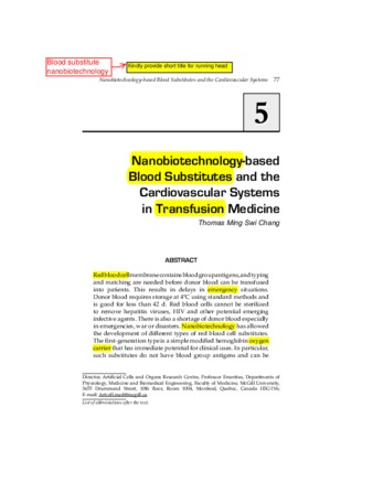 Nanobiotechnology-based Blood Substitutes and the Cardiovascular Systems in Transfusion Medicine thumbnail