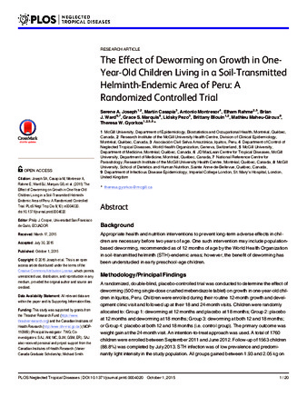 The Effect of Deworming on Growth in One-Year-Old Children Living in a Soil-Transmitted Helminth-Endemic Area of Peru: A Randomized Controlled Trial thumbnail