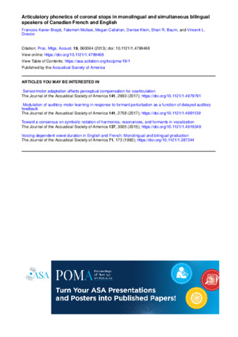 Articulatory phonetics of coronal stops in monolingual and simultaneous bilingual speakers of Canadian French and English thumbnail