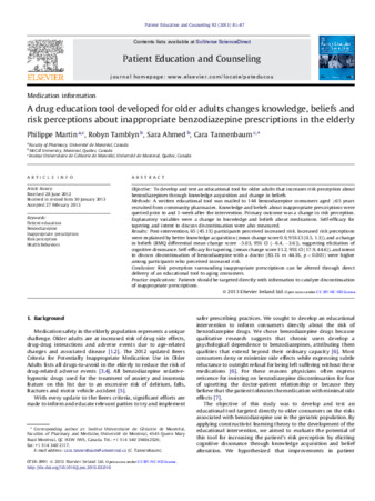 A drug education tool developed for older adults changes knowledge, beliefs and risk perceptions about inappropriate benzodiazepine prescriptions in the elderly thumbnail