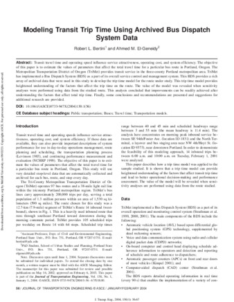 Modeling Transit Trip Time Using Archived Bus Dispatch System Data thumbnail