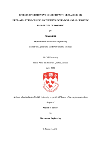 Effects of microwave combined with ultrasonic or ultraviolet processing on the physiochemical and allergenic properties of soymilk thumbnail