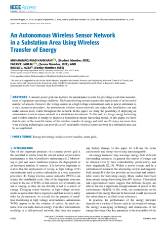 An Autonomous Wireless Sensor Network in a Substation Area Using Wireless Transfer of Energy thumbnail