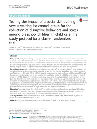 Testing the impact of a social skill training versus waiting list control group for the reduction of disruptive behaviors and stress among preschool children in child care: the study protocol for a cluster randomized trial thumbnail