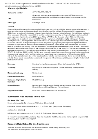 Genetically predicted gene expression of prefrontal DRD4 gene and the differential susceptibility to childhood emotional eating in response to positive environment thumbnail