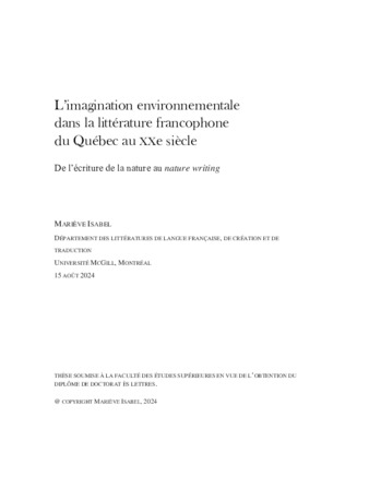 L’imagination environnementale dans la littérature francophone du Québec au 20e siècle. De l’écriture-nature au nature writing thumbnail