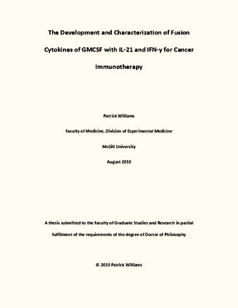 The development and characterization of fusion cytokines of GMCSF with IL-21 and IFN-y for cancer immunotherapy thumbnail