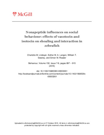 Nonapeptide influences on social behaviour: effects of vasotocin and isotocin on shoaling and interaction in zebrafish thumbnail