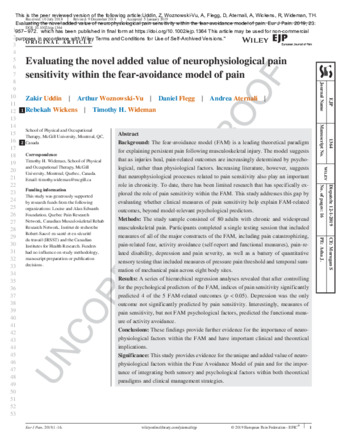 Evaluating the novel added value of neurophysiological pain sensitivity within the fear‐avoidance model of pain thumbnail