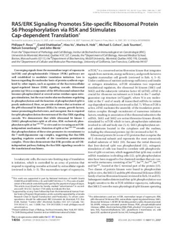 RAS/ERK Signaling Promotes Site-specific Ribosomal Protein S6 Phosphorylation via RSK and Stimulates Cap-dependent Translation thumbnail