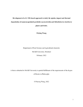 Development of a LC-MS-based approach to study the uptake, impact and thermal degradation of nanoencapsulated pesticides (azoxystrobin and bifenthrin) in strawberry plants and fruits thumbnail