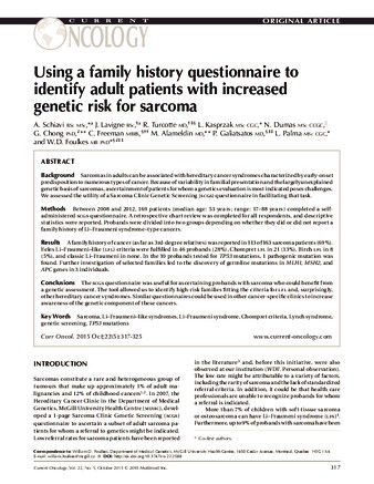 Using a family history questionnaire to identify adult patients with increased genetic risk for sarcoma thumbnail