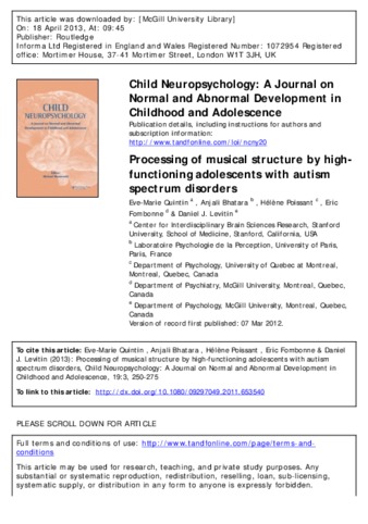 Processing of musical structure by highfunctioning adolescents with autism spectrum disorders thumbnail