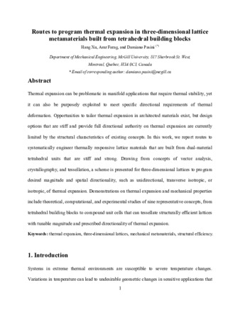 Routes to program thermal expansion in three-dimensional lattice metamaterials built from tetrahedral building blocks thumbnail