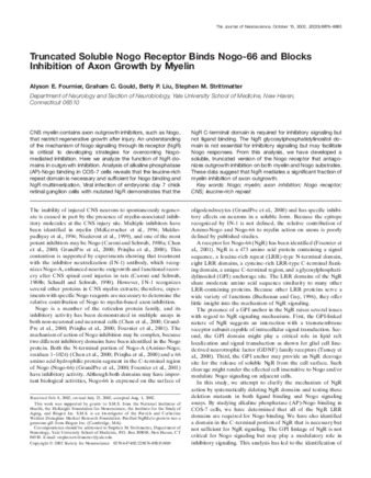 Truncated soluble Nogo receptor binds Nogo-66 and blocks inhibition of axon growth by myelin thumbnail