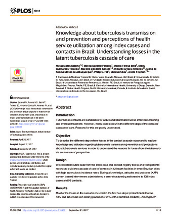 Knowledge about tuberculosis transmission and prevention and perceptions of health service utilization among index cases and contacts in Brazil: Understanding losses in the latent tuberculosis cascade of care thumbnail