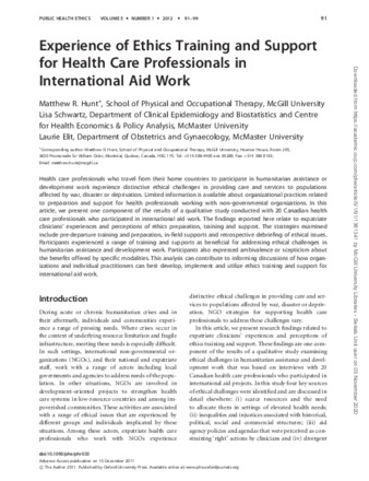 Experience of Ethics Training and Support for Health Care Professionals in International Aid Wor thumbnail