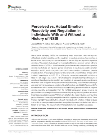 Perceived vs. actual emotion reactivity and regulation in individuals with and without a history of NSSI. thumbnail