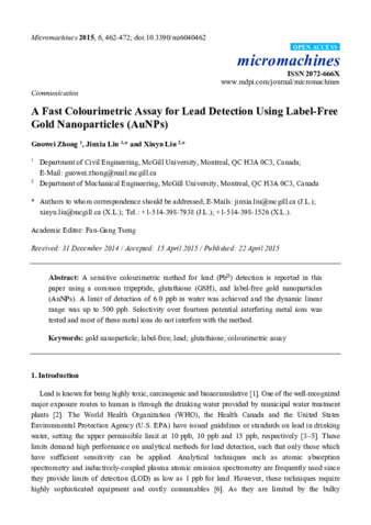 A fast colourimetric assay for lead detection using label-free gold nanoparticles (AuNPs) thumbnail