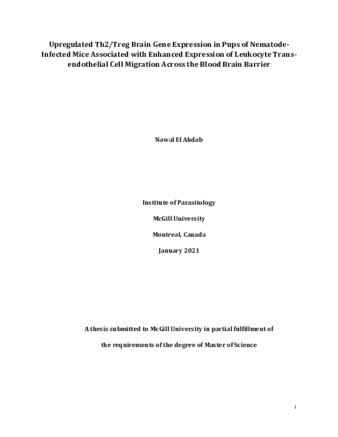 Upregulated Th2/treg brain gene expression in pups of nematode-infected mice associated with enhanced expression of leukocyte trans-endothelial cell migration across the blood brain barrier thumbnail
