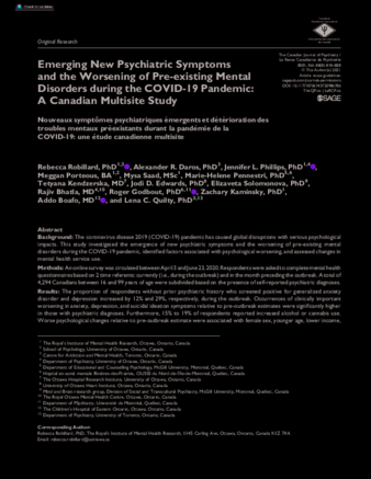 Emerging New Psychiatric Symptoms and the Worsening of Pre-existing Mental Disorders during the COVID-19 Pandemic: A Canadian Multisite Study thumbnail