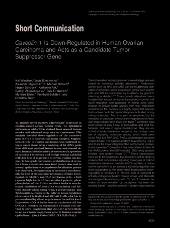 Caveolin-1 Is Down-Regulated in Human Ovarian Carcinoma and Acts as a Candidate Tumor Suppressor Gene thumbnail