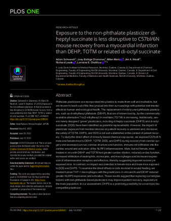 Exposure to the non-phthalate plasticizer di-heptyl succinate is less disruptive to C57bl/6N mouse recovery from a myocardial infarction than DEHP, TOTM or related di-octyl succinate thumbnail