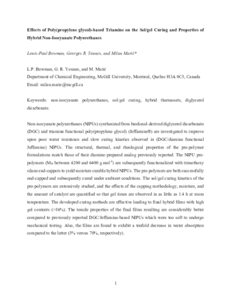 Effects of Poly(propylene glycol)-based Triamine on the Sol/gel Curing and Properties of Hybrid Non-Isocyanate Polyurethanes thumbnail