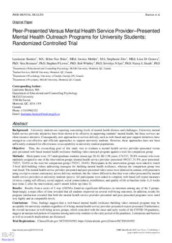 Peer-Presented Versus Mental Health Service Provider–Presented Mental Health Outreach Programs for University Students: Randomized Controlled Trial thumbnail