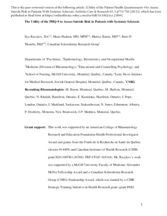 The Utility of the PHQ-9 to Assess Suicide Risk in Patients with Systemic Sclerosis thumbnail