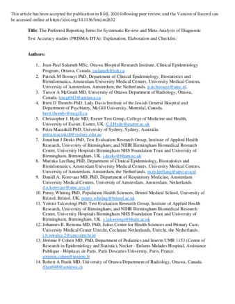 Preferred reporting items for systematic review and meta-analysis of diagnostic test accuracy studies (PRISMA-DTA): explanation, elaboration, and checklist thumbnail
