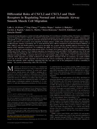 Differential roles of CXCL2 and CXCL3 and their receptors in regulating normal and asthmatic airway smooth muscle cell migration thumbnail