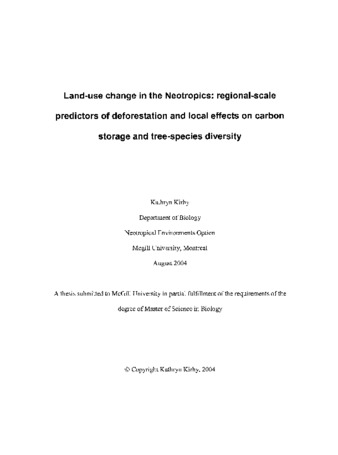 Land-use change in the Neotropics : regional-scale predictors of deforestation and local effects on carbon storage and tree-species diversity thumbnail