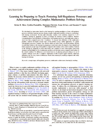 Learning by preparing to teach: Fostering self-regulatory processes and achievement during complex mathematics problem solving thumbnail