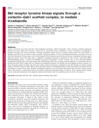 Met receptor tyrosine kinase signals through a cortactin–Gab1 scaffold complex, to mediate invadopodia thumbnail