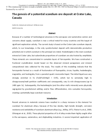 The genesis of a potential scandium ore deposit at Crater Lake, Canada thumbnail