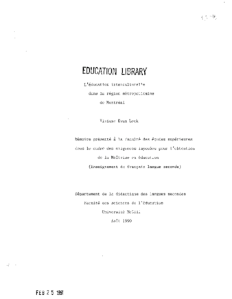 L'education interculturelle dans la region métropolitaine de montreal thumbnail