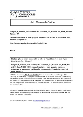 Demasculinization of male guppies increases resistance to a common and harmful ectoparasite thumbnail