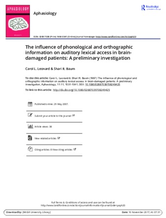 The influence of phonological and orthographic information on auditory lexical access in brain-damaged patients: A preliminary investigation thumbnail