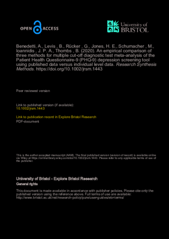 An empirical comparison of three methods for multiple cutoff diagnostic test meta-analysis of the Patient Health Questionnaire-9 (PHQ-9) depression screening tool using published data vs individual level data thumbnail