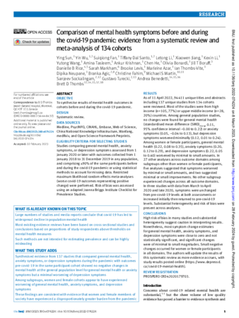 Comparison of mental health symptoms before and during the covid-19 pandemic: evidence from a systematic review and meta-analysis of 134 cohorts thumbnail