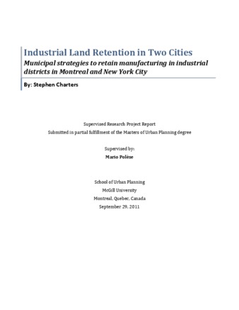 Industrial land retention in two cities: municipal strategies to retain manufacturing in industrial districts in Montreal and New York City thumbnail