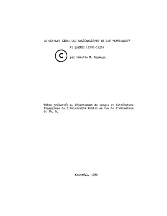 Le conflit entre les régionalistes et les "exotiques" au Québec, 1900-1920. thumbnail