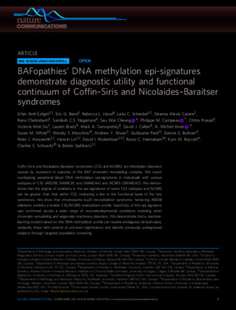 BAFopathies' DNA methylation epi-signatures demonstrate diagnostic utility and functional continuum of Coffin-Siris and Nicolaides-Baraitser syndromes thumbnail