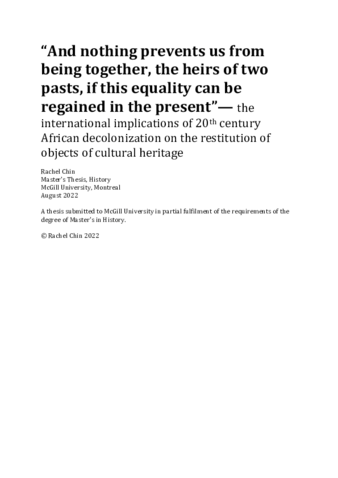 The international implications of African decolonisation on the 20th century restitution of artefacts of cultural heritage thumbnail