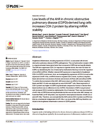 Low levels of the AhR in chronic obstructive pulmonary disease (COPD)-derived lung cells increases COX-2 protein by altering mRNA stability thumbnail