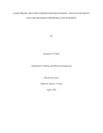 Game theory, multiple-criteria decision making, and sustainability focused decisions for mineral development thumbnail